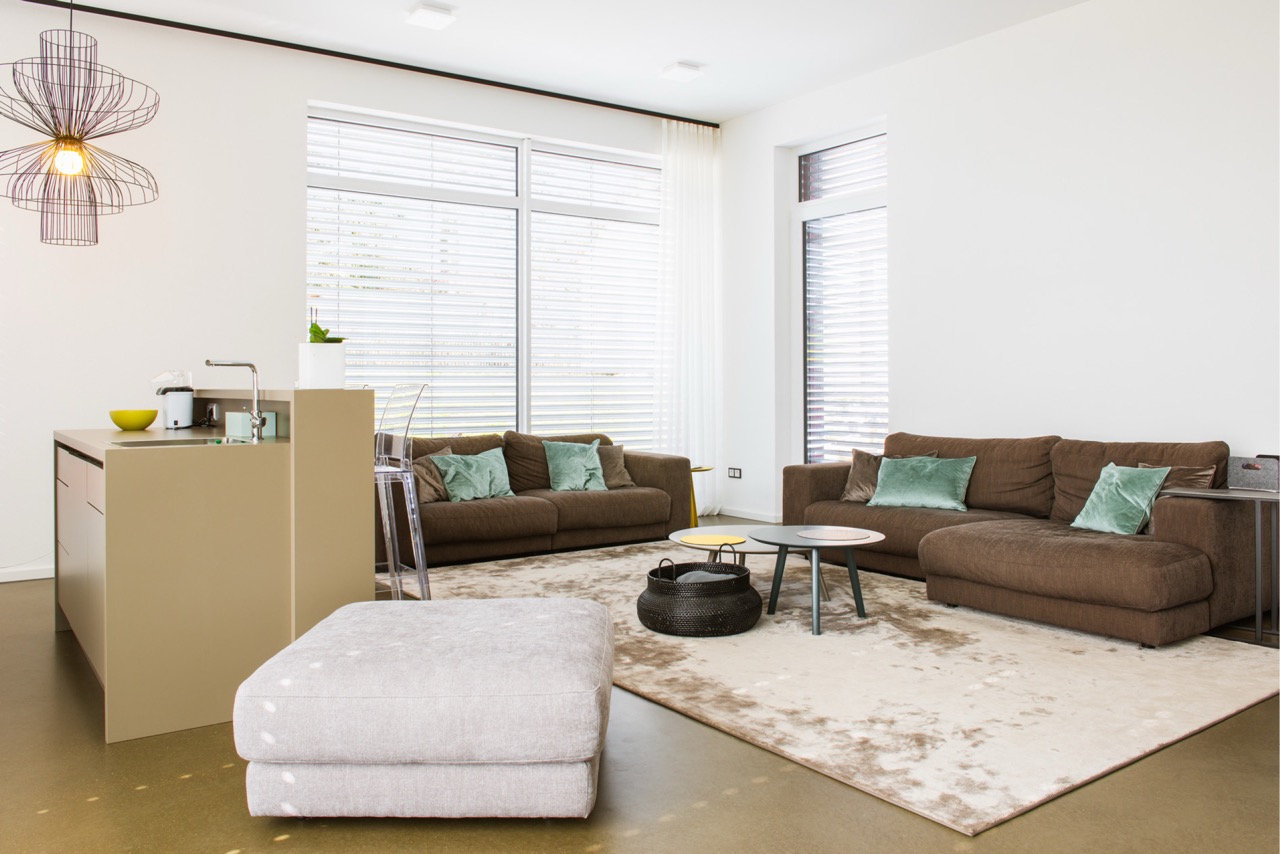 Wohnbereich brauner Loftboden mit brauner Sofagarnitur auf weißem Teppich